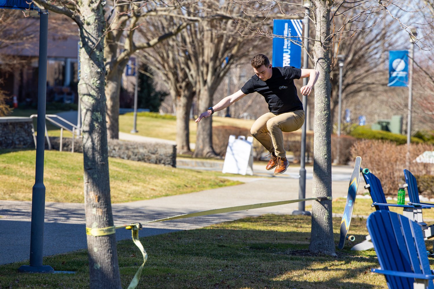 An active slackliner, Riley King can be found all across campus on days when the sun is shining.