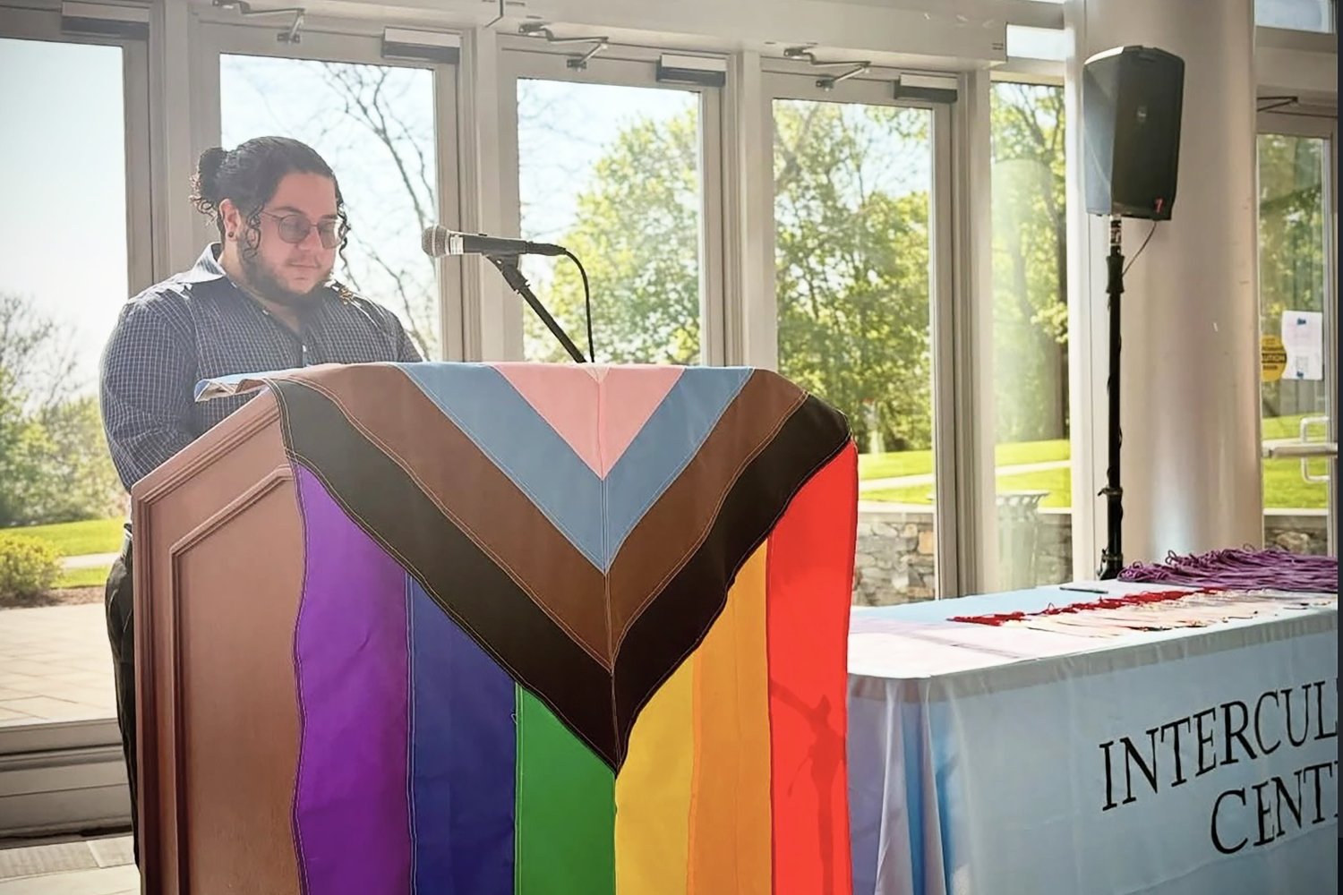 Matthew Milotakis served as a speaker at the Lavender Graduation, hosted by QTRAC and the Intercultural Center.