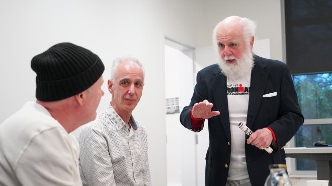Robert Blais ’70 speaks with University Library Program Director Adam Braver and acclaimed author Rick Moody during the 25th anniversary Birss Program keynote.
