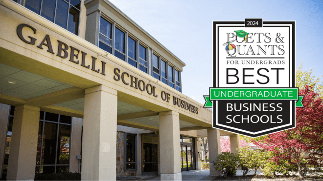 Front of the Gabelli School of Business with a badge reading 2024 Poets & Quaints for Undergrads Best Undergraduate Business Schools