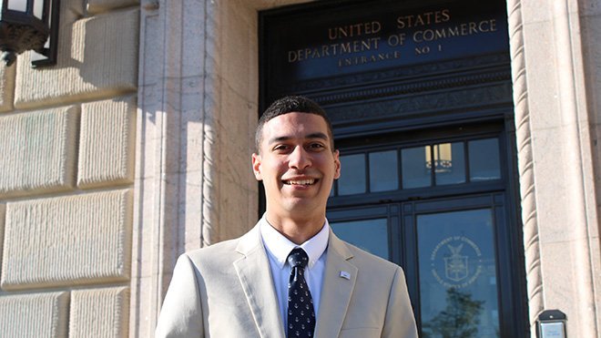 Grant Wosencroft ’25 outside the U.S. Secretary of Commerce building in Washington, D.C.
