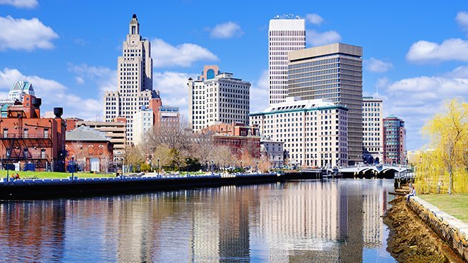 A photo of the Providence skyline on a sunny day