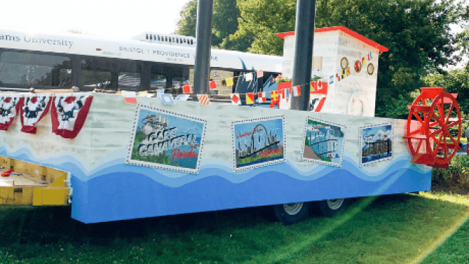 A float made to look like a steamboat.