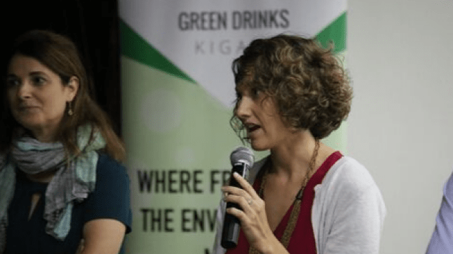Person speaking into microphone.