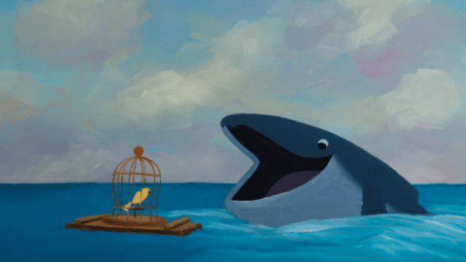 Painting of bird in cage and whale on the surface of the ocean.