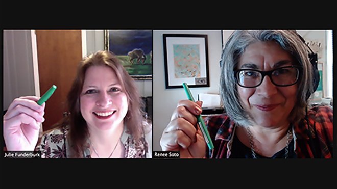 Julie Funderburk and Renee Soto hold green pens