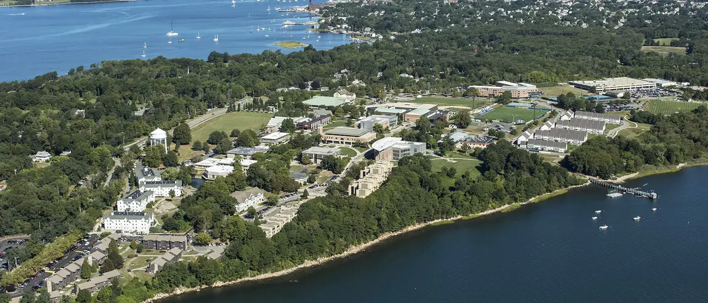 Aerial photo of the Roger Williams University campus.