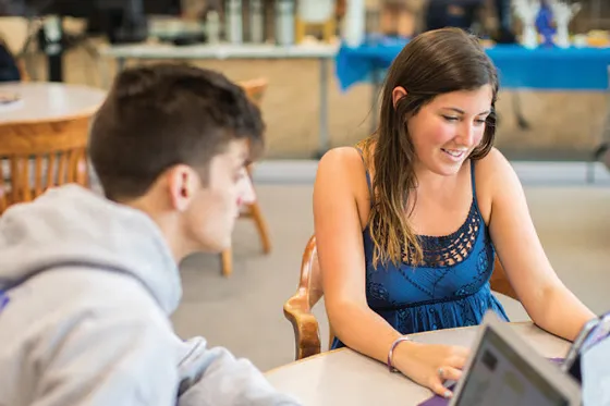 Roger Williams University students working on a laptop