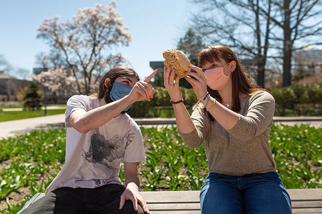 Two students holding and looking at a plasticized brain. 