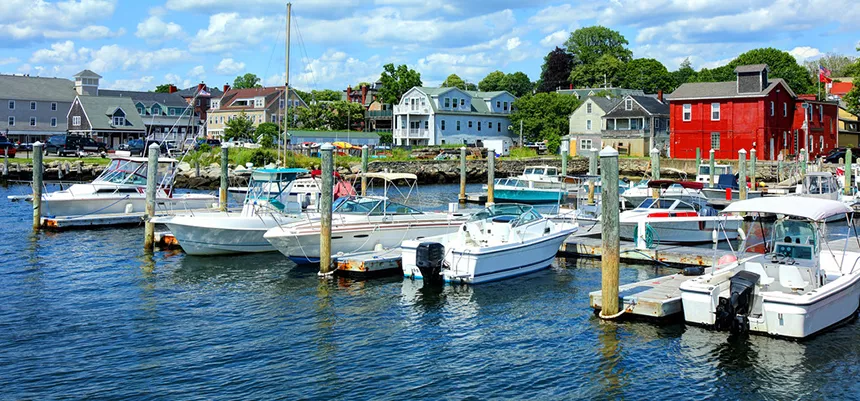 Boats parked in Bristol Harbor