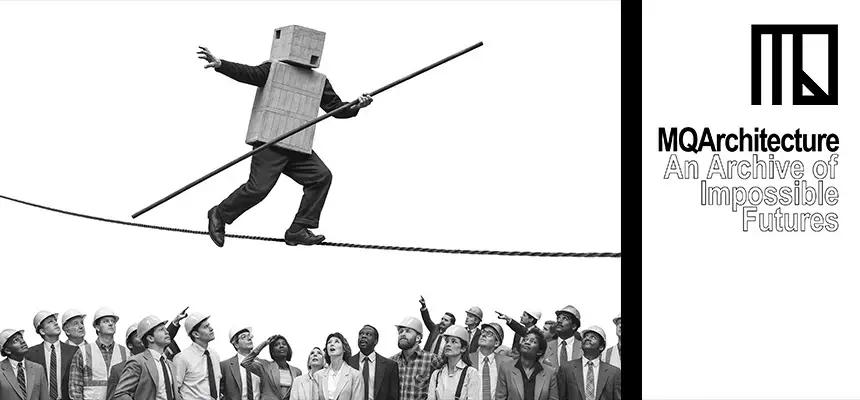 A man balancing on a tightrope with a concrete head and body while others look up and watch