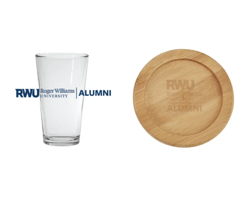 Pint glass with RWU Alumni in blue font wrapped around glass. Bamboo coaster with RWU alumni logo etched in center.