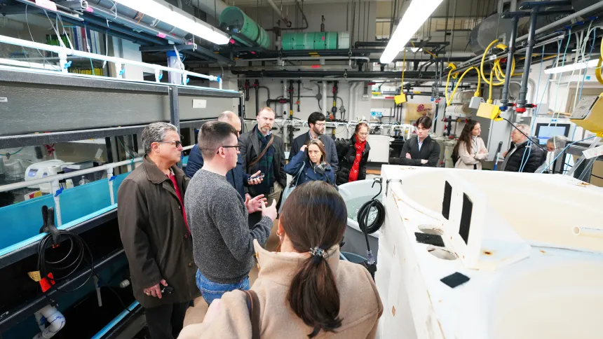 Attendees at RWU's inaugural Blue@RWU Symposium tour the Marine & Natural Sciences building.