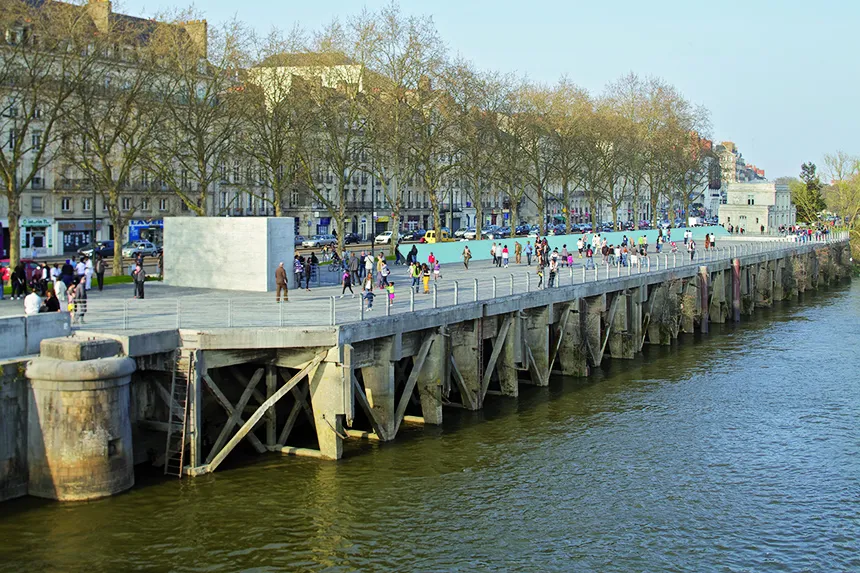 An exterior view of the Memorial to the Abolition of Slavery in Nantes along the Loire River.