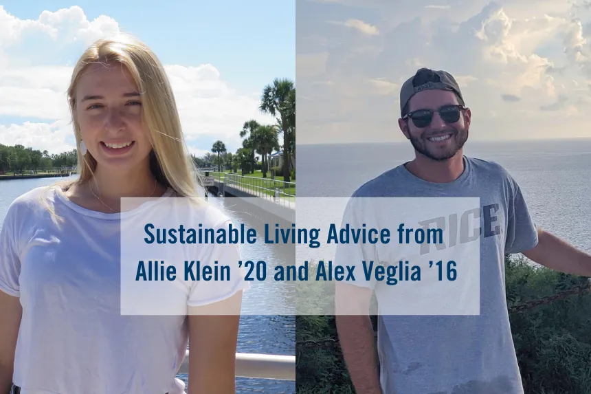 Text on slide reads "Sustainable Living Advice from Allie Klein ’20 and Alex Veglia ’16"