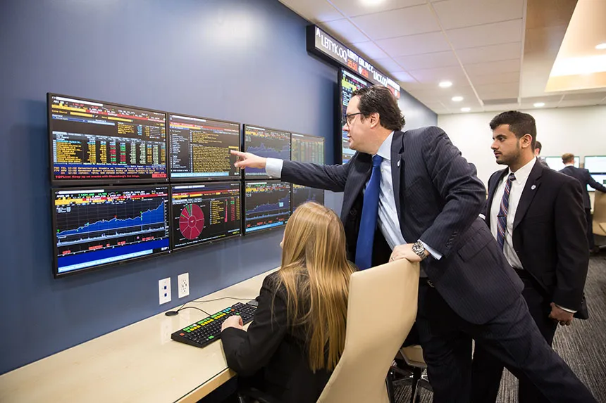 image of RWU students collaborating in the Center for Advanced Financial Education (CAFE)