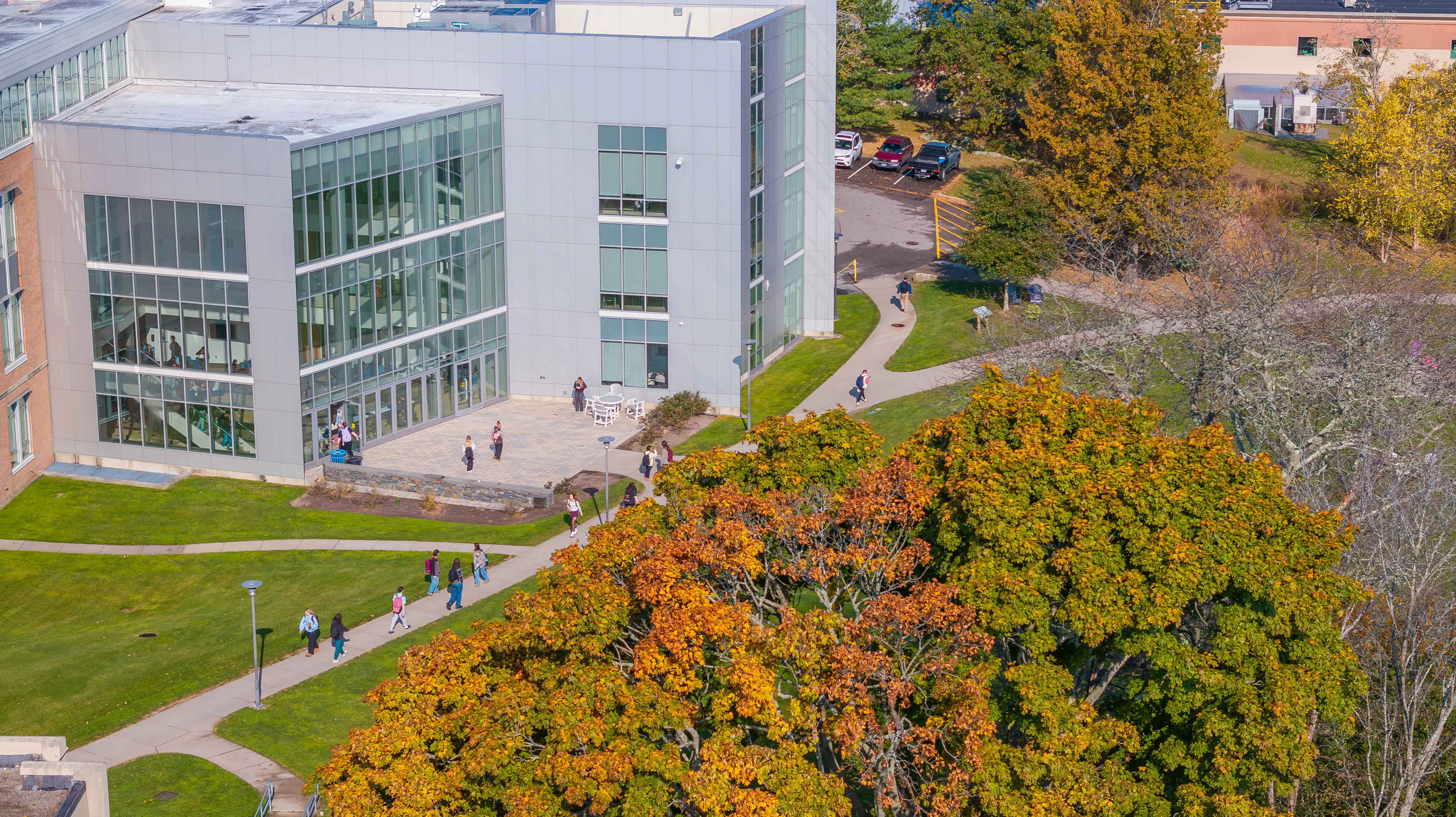 Aerial view of students walking on campus